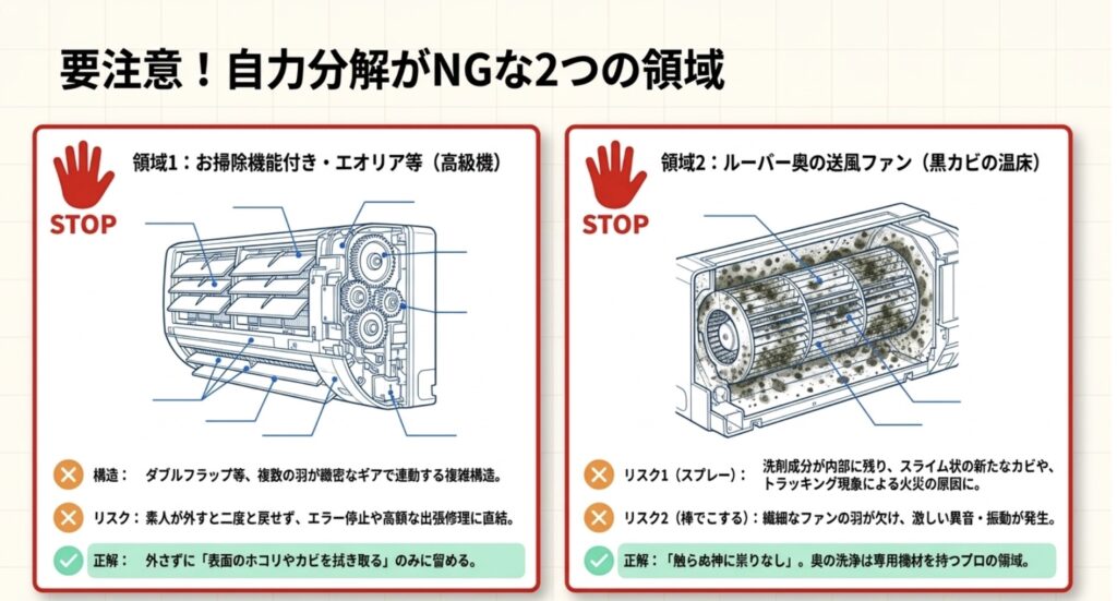 エアコンのルーバーが動かない時のリセット手順（放電等）と、ツメや軸が折れた時に型番をメモして部品を単体取り寄せする解決策を解説したスライド