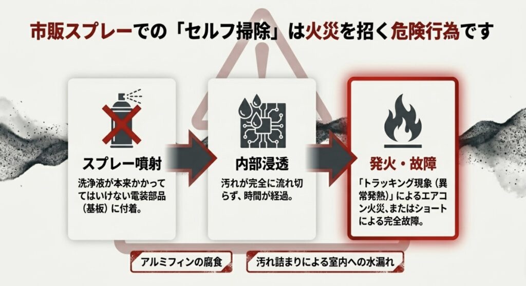 市販の洗浄スプレーが電装部品（基板）に付着し、トラッキング現象による発火やショートを引き起こすエアコン火災の危険プロセスの図解。
