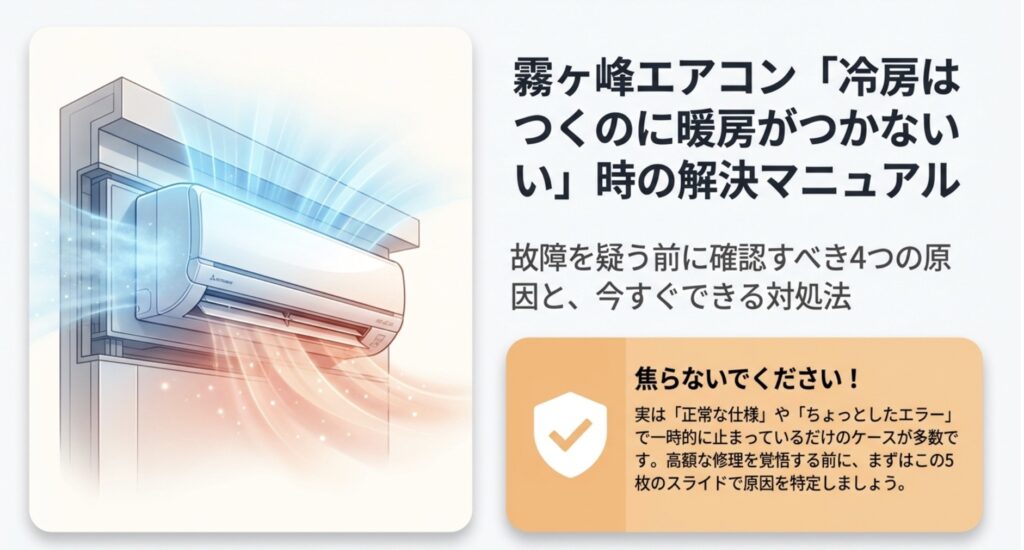 霧ヶ峰エアコンで冷房はつくのに暖房がつかない原因と対処法を解説するスライド表紙