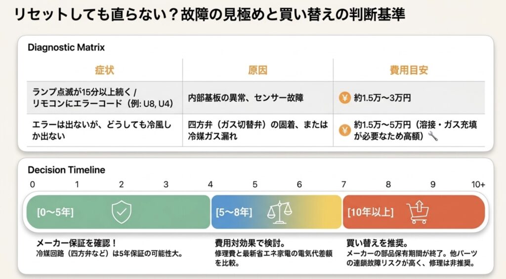 リモコンで電源を切り、プラグを抜いて5分から10分放置して放電するエアコンのリセット手順