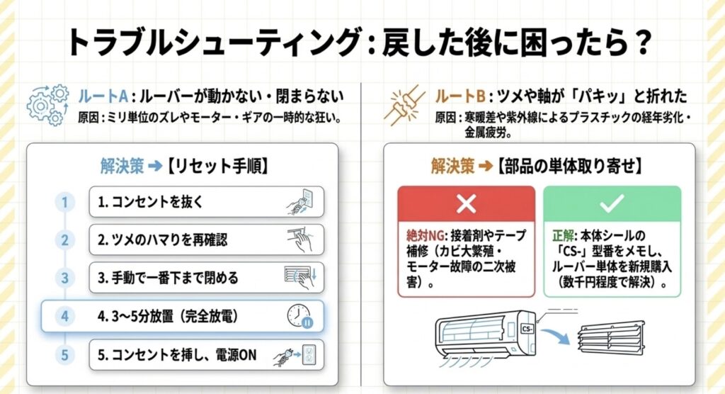 エアコン内部の複雑なギアやお掃除機能の構造イラストと、ルーバー奥の送風ファンに黒カビが密集しているイラストで自力分解の危険性を警告するスライド
