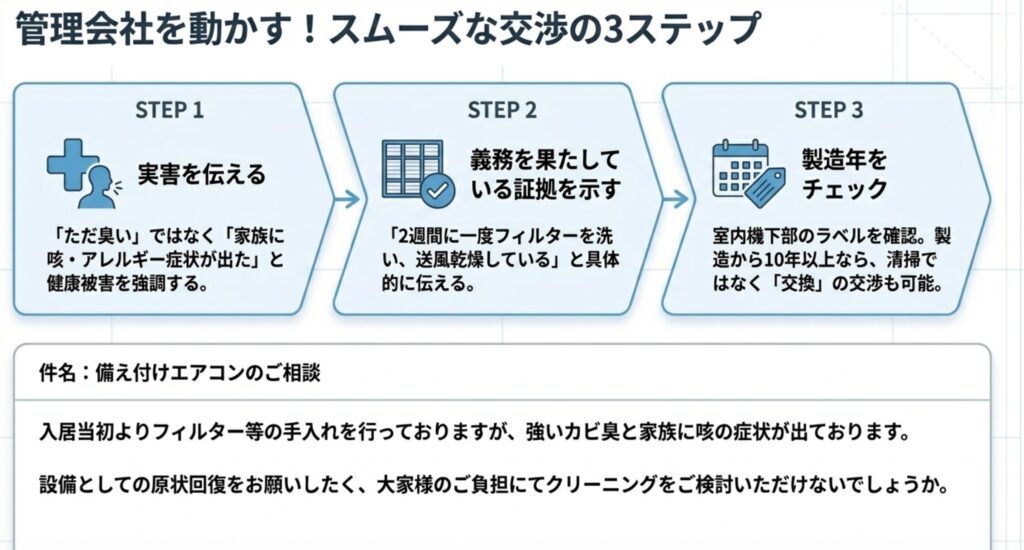 賃貸の管理会社にエアコン掃除を大家負担で交渉する3ステップ（実害を伝える、義務の証拠、製造年チェック）と相談メールの例文