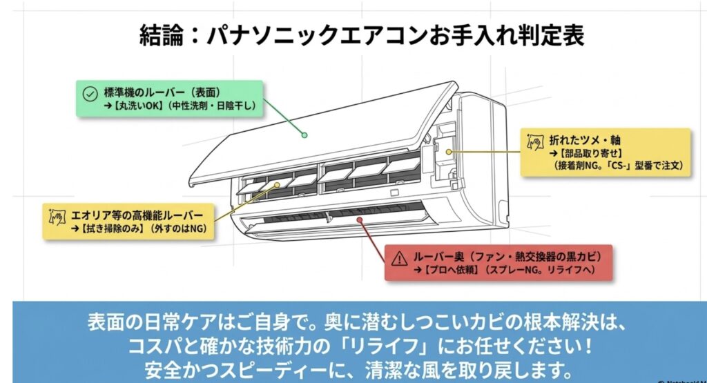 エアコン本体のイラストとともに、標準機の表面は丸洗いOK、高機能機は拭き掃除のみ、折れたら部品取り寄せ、奥の黒カビはプロへ依頼という判定表をまとめたまとめスライド