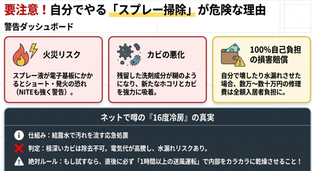 エアコンの市販スプレー洗浄による火災リスク、カビ悪化、自己負担の損害賠償リスクの警告と、ネットで噂の16度冷房の真実・注意点