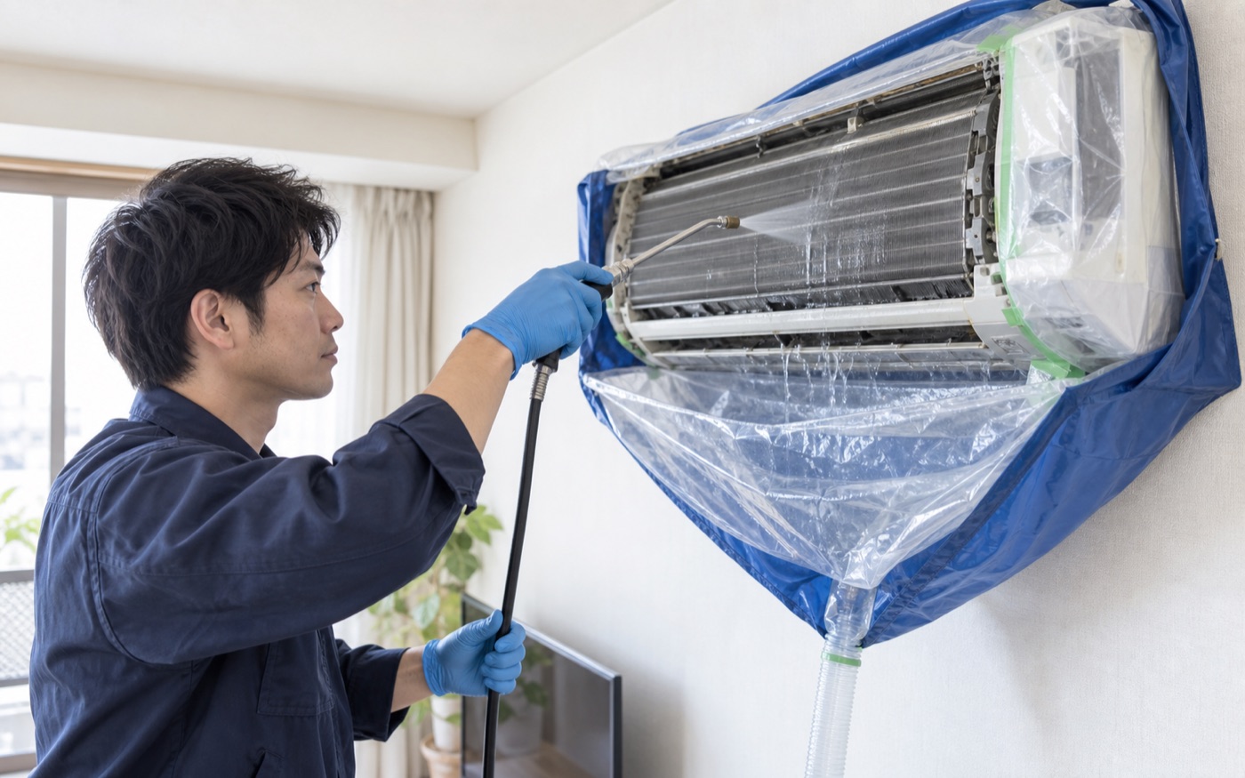 専用洗浄カバーと細いノズルを使ってエアコン内部を洗浄するスタッフ