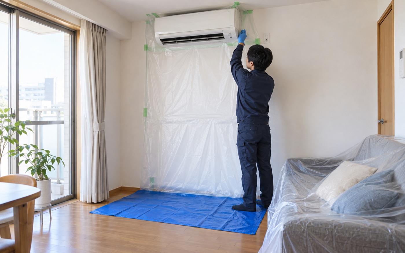 エアコン周辺の壁と床、動かせない家具を養生するスタッフ