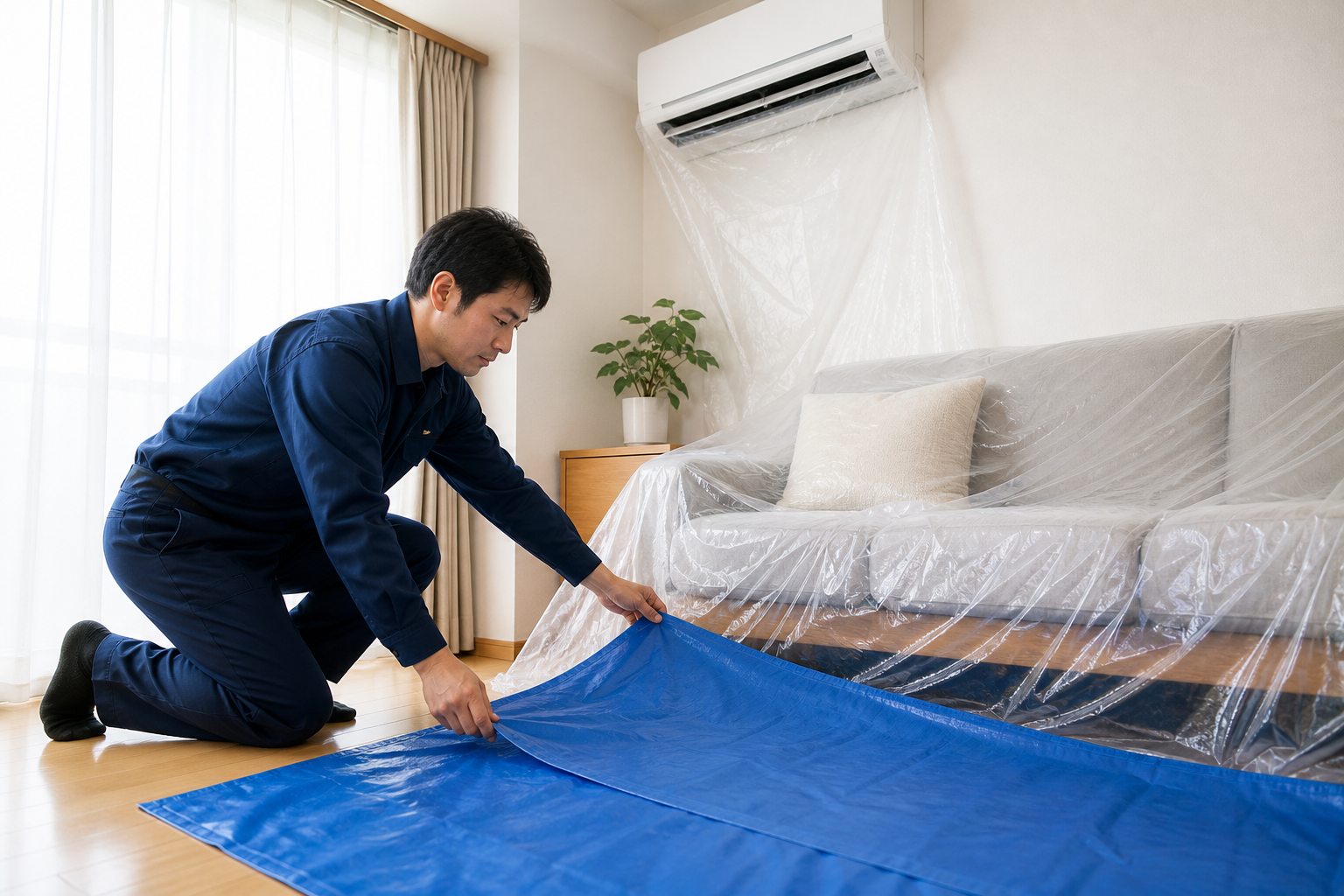 スタッフが家具や床を保護して作業準備