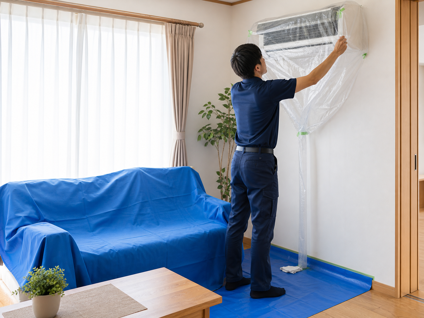 家具と床を保護してからエアコン清掃を始めるスタッフ